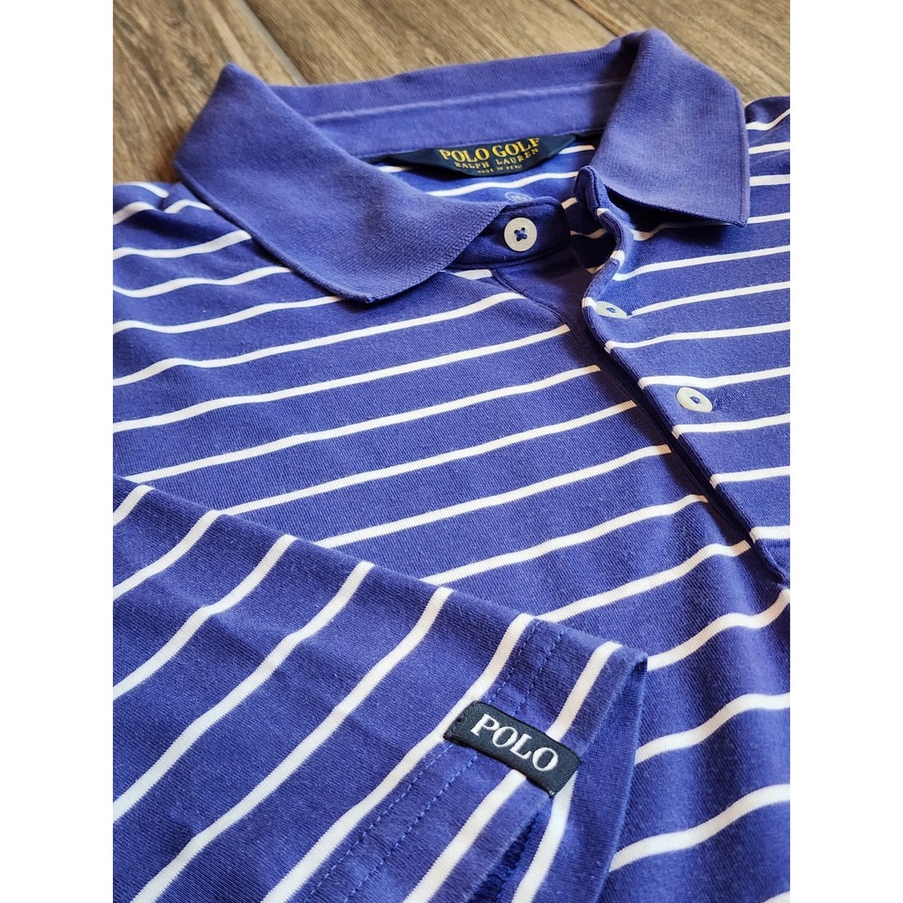 Polo Golf Ralph Lauren Mens XXL Indigo White Striped Wicking Polo Short Sleeve